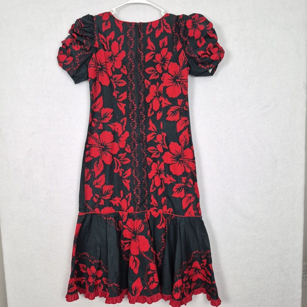 Muumuu Factory Hawaii Tropical Red Black Size 7/8 Dress Luau Ruffle Island Midi - Picture 4 of 12